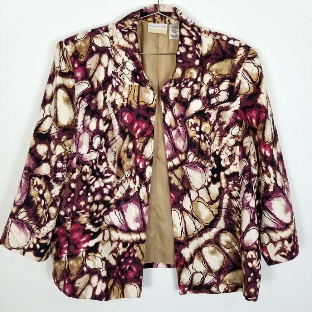 Alfred Dunner Burgundy, Cream & Tan Abstract Open-Front Blazer